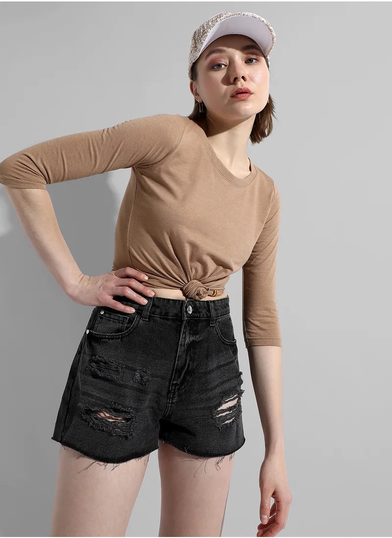 Campus Sutra Women's Solid Beige Regular Fit Top