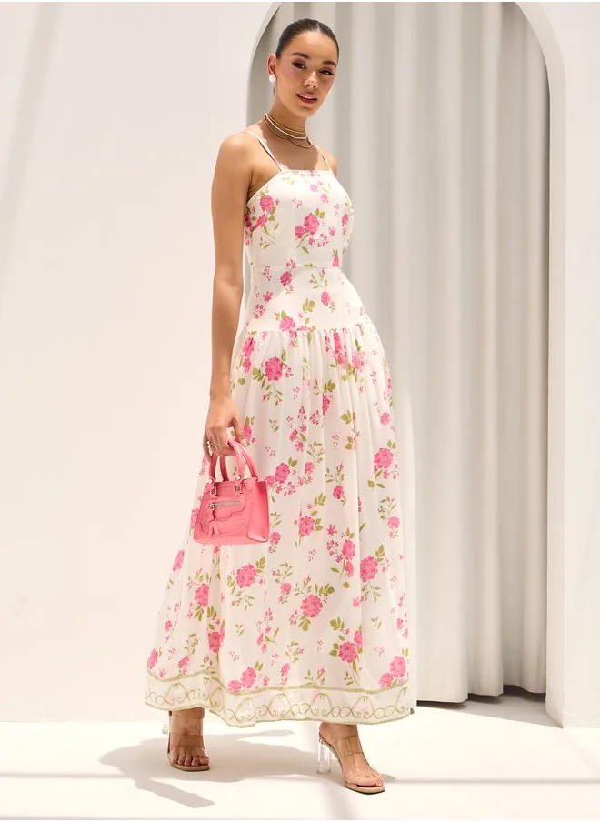 Styli Floral Print Strappy Tiered Maxi Dress