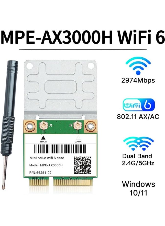 MPE-AX3000H WiFi 6 Wireless Card Dual Band 802.11ax Half Mini PCI-E WiFi Card PCI Express Network Adapter BT5.2 2.4GHz 574Mbps 5GHz 2.4Gbps(160MHz) for Windows 10/11 64 bit Better 7260HMW WiFi Card