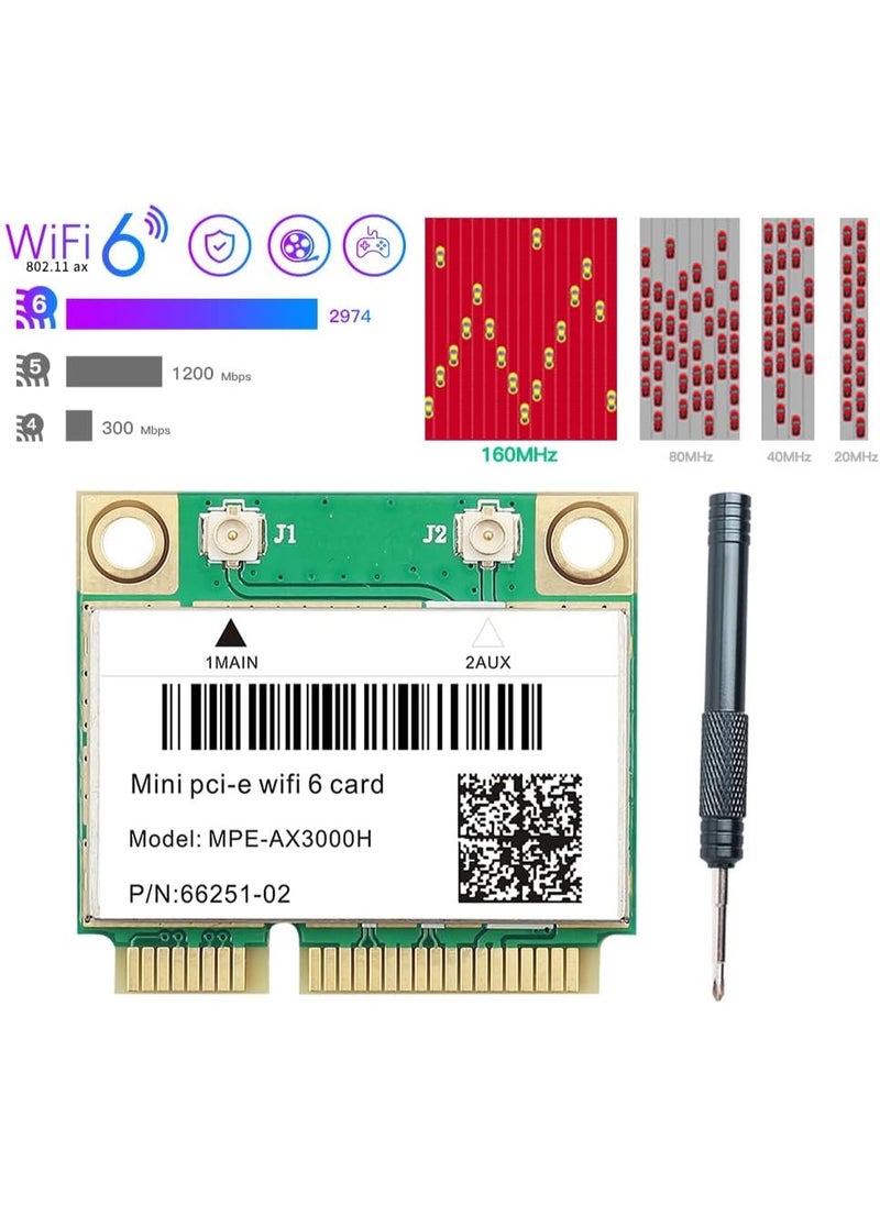 MPE-AX3000H WiFi 6 Wireless Card Dual Band 802.11ax Half Mini PCI-E WiFi Card PCI Express Network Adapter BT5.2 2.4GHz 574Mbps 5GHz 2.4Gbps(160MHz) for Windows 10/11 64 bit Better 7260HMW WiFi Card