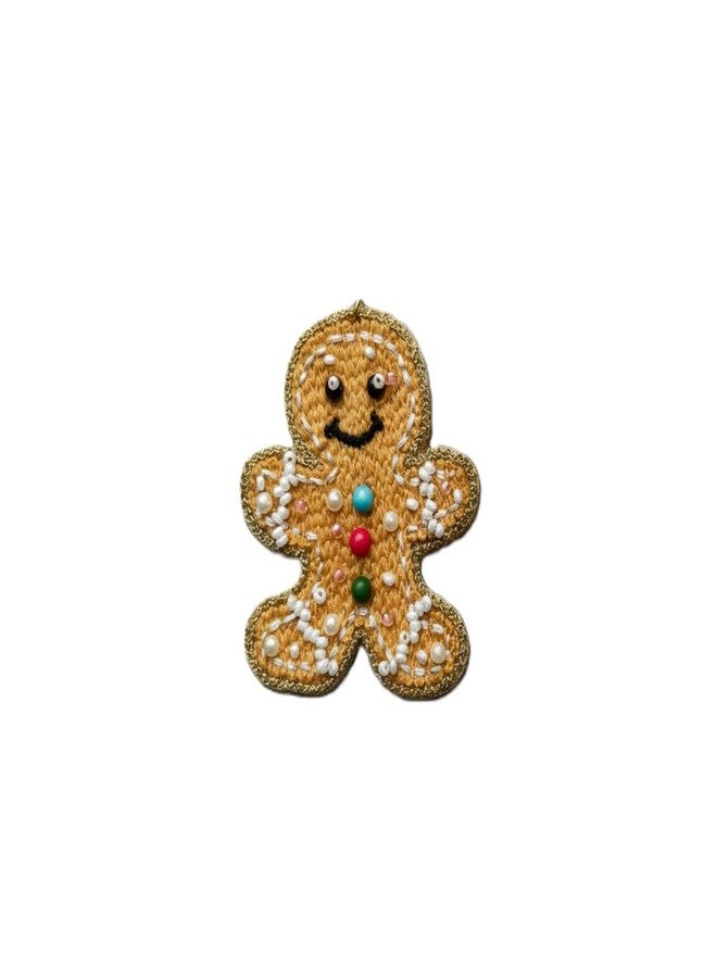 Abeo Festive Gingerbread Man Brooch, Embellished with Pearls and Colorful Beads, Gold Thread Border, Holiday Accessory - Image 2