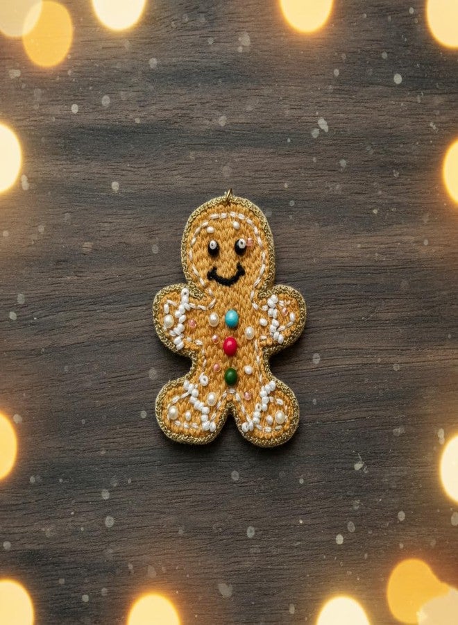 Abeo Festive Gingerbread Man Brooch, Embellished with Pearls and Colorful Beads, Gold Thread Border, Holiday Accessory - Image 3
