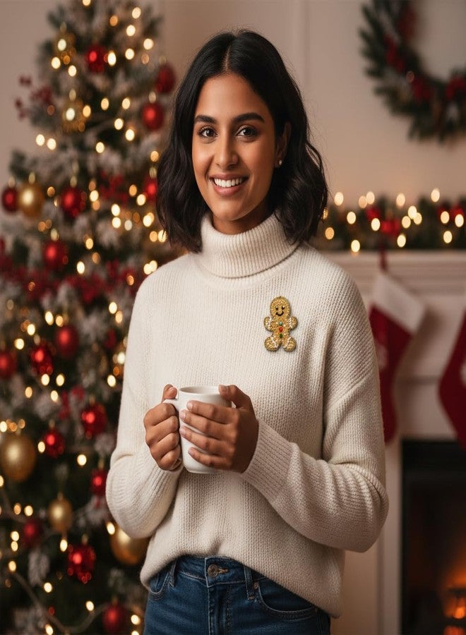 Abeo Festive Gingerbread Man Brooch, Embellished with Pearls and Colorful Beads, Gold Thread Border, Holiday Accessory - Image 4