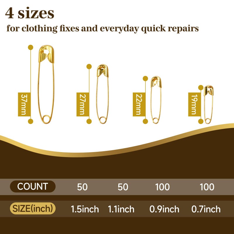 Optomni 300 Pack Gold Safety Pins Assorted Sizes (19mmâ€“37mm), Mini & Small to Large Safety Pins for Clothes, Sewing, Crafts, Quilting, and Home Use - Image 2