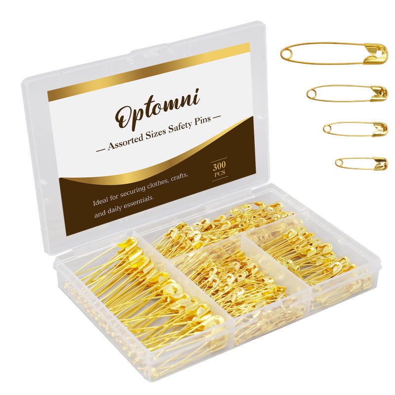 Optomni 300 Pack Gold Safety Pins Assorted Sizes (19mmâ€“37mm), Mini & Small to Large Safety Pins for Clothes, Sewing, Crafts, Quilting, and Home Use - Image 1