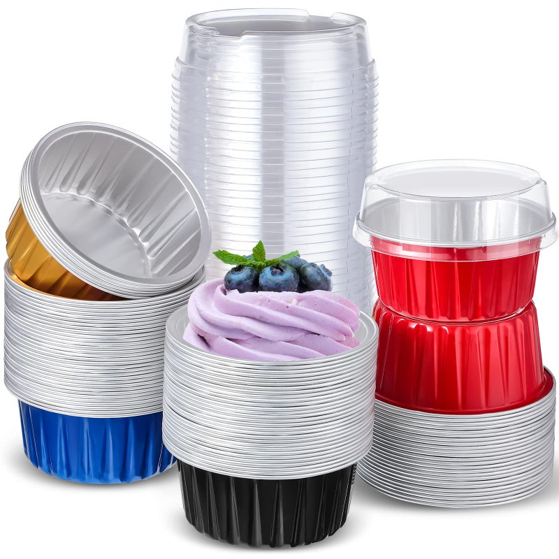 200 قطعة أكواب كعك ميني من الألمنيوم القابل للاستخدام مرة واحدة سعة 42 أونصة مع أغطية وأكواب حلوى بألوان زاهية