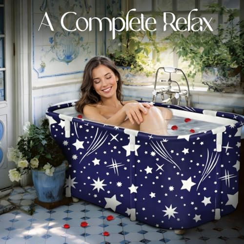 Valajogi Portable Foldable Adult Bathtub for Home, Large Plastic Soaking Tub with Drain Pipe, Freestanding Spa Bath Tub for Hot & Cold Bath, Balcony & Small Bathroom Use (Star Blue) - Image 3