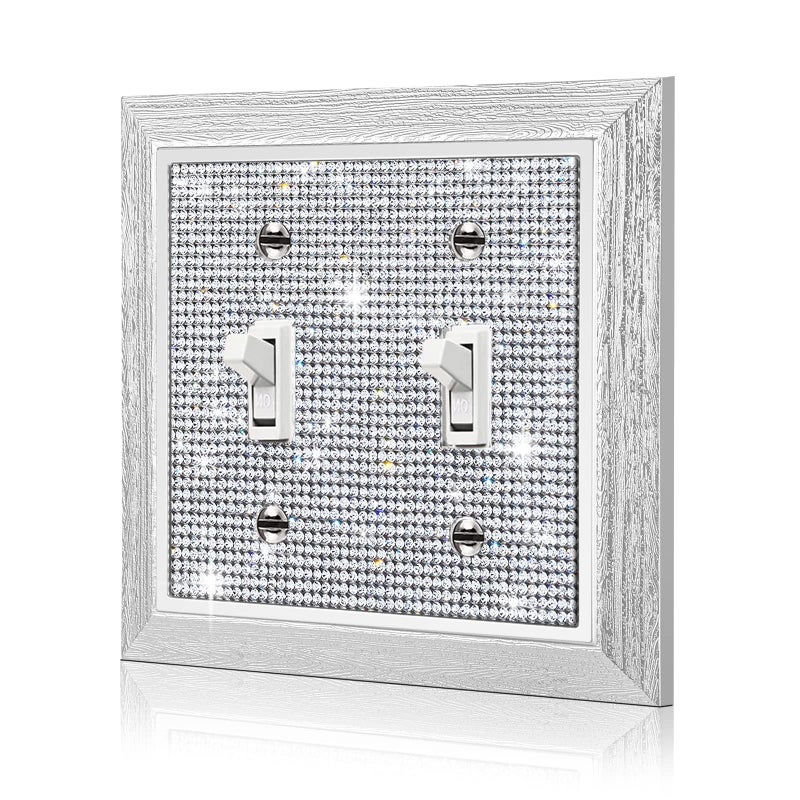 Gaocai 1 Pcs Shiny Rhinestones Switch Wall Plate Double Gang Toggle Imitation Wood Grain Light Switch Covers Decorator Plate Outlet Wall Plates