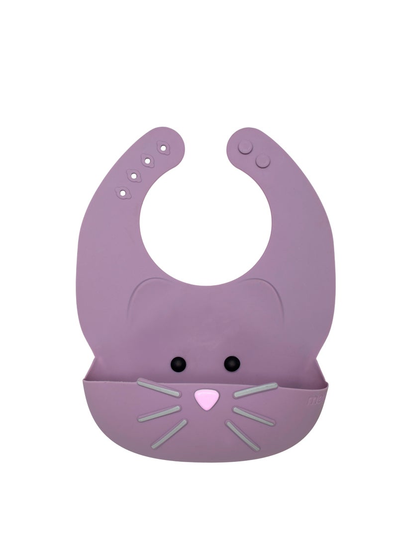 Melii Silicone Baby Bib – Purple Cat Design – Easy-Clean Waterproof Feeding Bib - Image 1