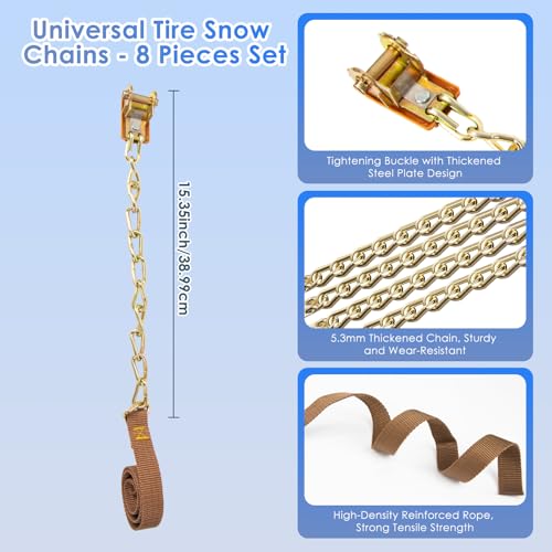 Qoosea Snow Chains 8Pcs Tire Chains Snow Chains for Car SUV Tire Chains with Tightening Buckles Universal Anti-Slip Snow Tire Chains Tire Cables Durable Chains for Tires Heavy Duty - Image 3