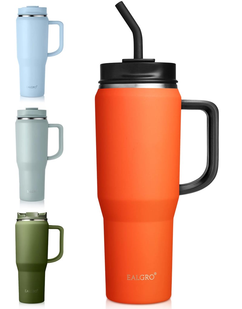 EALGRO 40 oz Tumbler with Handle, Insulated Tumblers with Lid and Straw, Large Metal Sports Water Bottle Jug, Thermal Stainless Steel Travel Coffee Mug Cup, Orange Red - Image 1