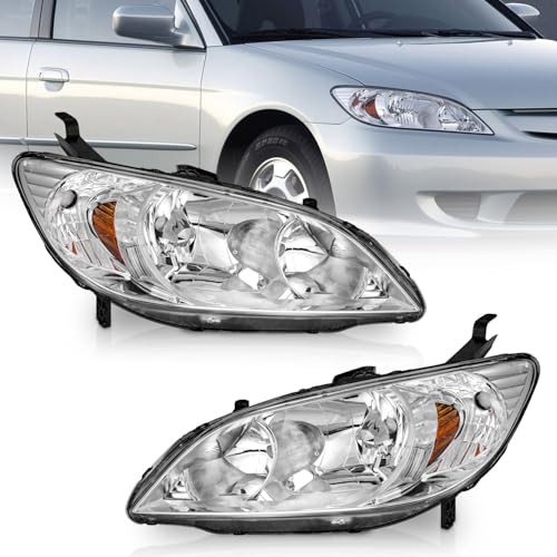WEELMOTO for 20042005 Honda Civic 24Door Headlights Assembly Replacement Pair Headlamp Replacement Chrome Housing Amber Reflector LeftRight Side - Image 1