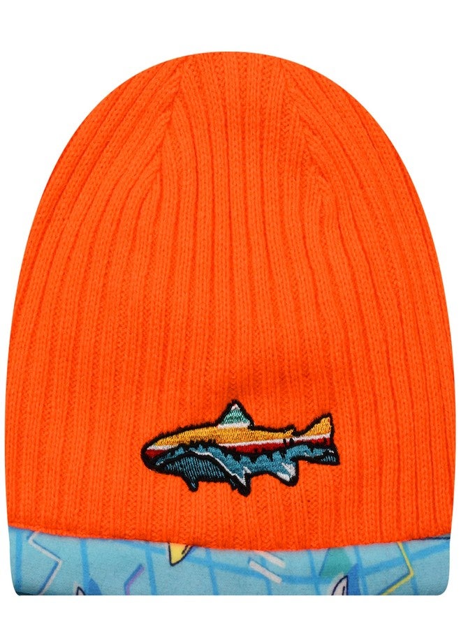 EDTREK Kids Reversible Tech Beanie Hat - Boys Girls Windproof Fleece Winter Hat Country Beanie (Orange with Fish Prints) - Image 3
