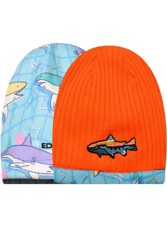 EDTREK Kids Reversible Tech Beanie Hat - Boys Girls Windproof Fleece Winter Hat Country Beanie (Orange with Fish Prints) - Image 1