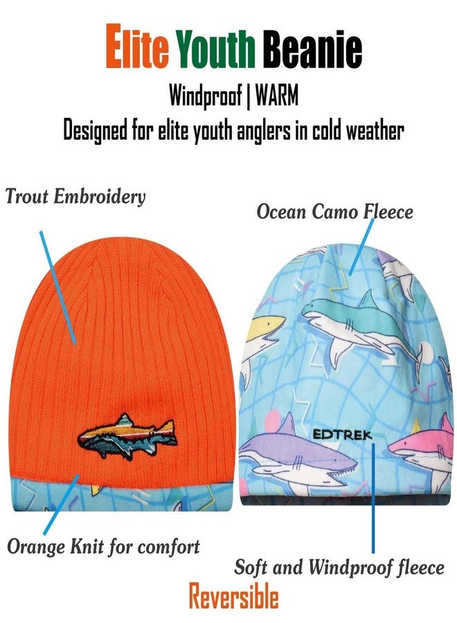 EDTREK Kids Reversible Tech Beanie Hat - Boys Girls Windproof Fleece Winter Hat Country Beanie (Orange with Fish Prints) - Image 4