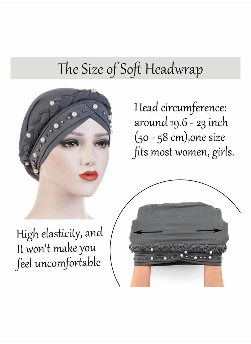 SYOSI - African Turban Head Wraps Pearls Head Scarf Braid Pre-Tied Soft Head Cover Cap Headwear for Women and Girls (Pack of 3) - Image 1