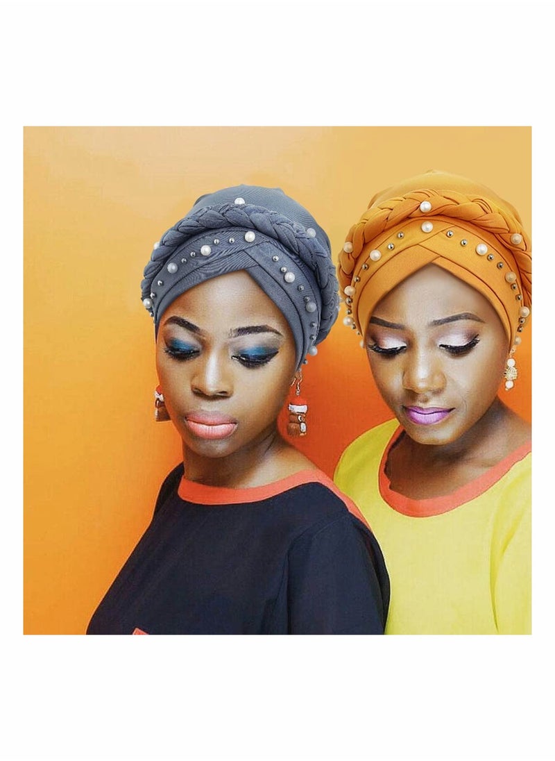 SYOSI - African Turban Head Wraps Pearls Head Scarf Braid Pre-Tied Soft Head Cover Cap Headwear for Women and Girls (Pack of 3) - Image 1