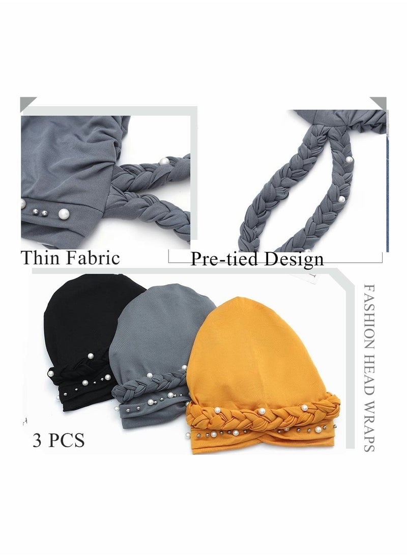 SYOSI - African Turban Head Wraps Pearls Head Scarf Braid Pre-Tied Soft Head Cover Cap Headwear for Women and Girls (Pack of 3) - Image 1