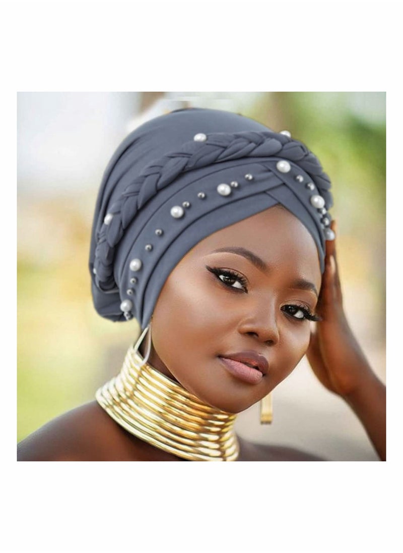 SYOSI - African Turban Head Wraps Pearls Head Scarf Braid Pre-Tied Soft Head Cover Cap Headwear for Women and Girls (Pack of 3) - Image 1