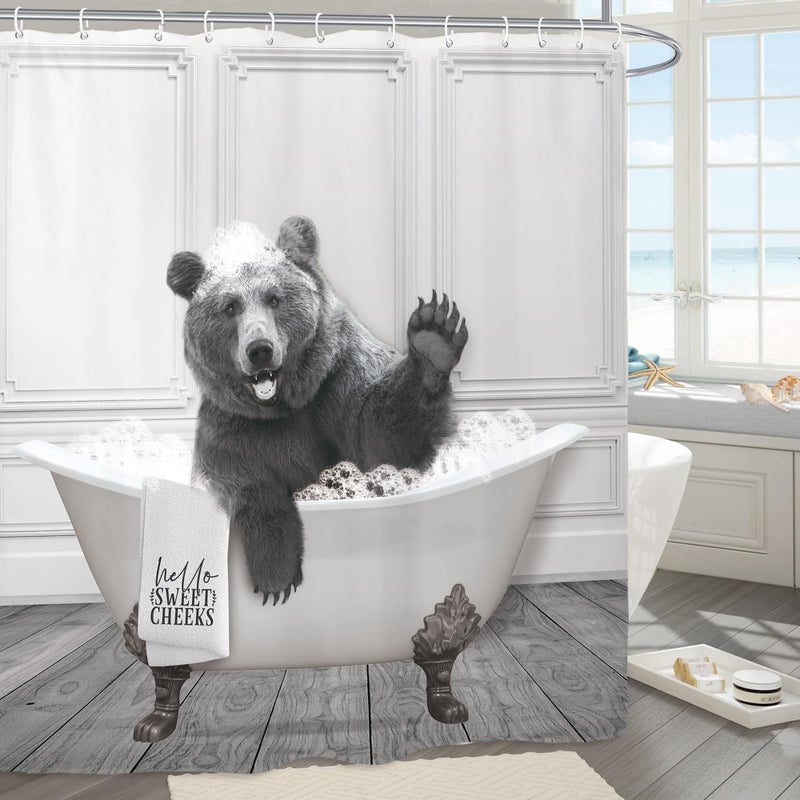 Yookeb Funny Bear Bathroom Shower Curtain 71W by 71H Inch Animal Farmhouse Cabin Hello Sweet Cheeks Rustic Polyester Fabric 12 Plastic Hooks Waterproof Decor - Image 1