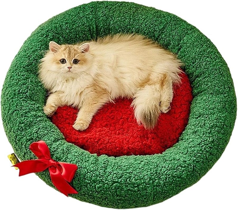 Christmas Pet House Round Nest Small Size Warm Plush Dog Cat Bed with Removable Faux Lambswool Cushion - Image 1