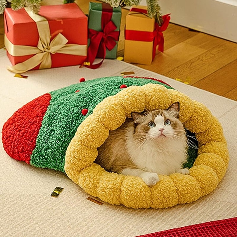 Christmas Pet House Round Nest Small Size Warm Plush Dog Cat Bed with Removable Faux Lambswool Cushion - Image 3