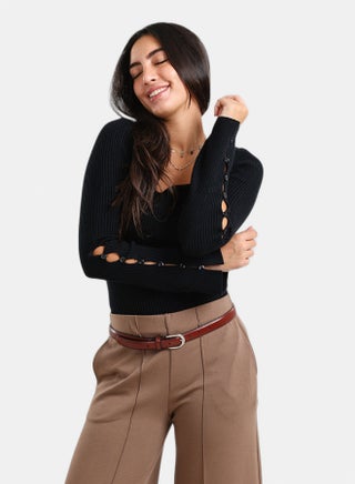 Carina Women's Square-Neck Ribbed Long-Sleeve Pullover with Button Details - Black