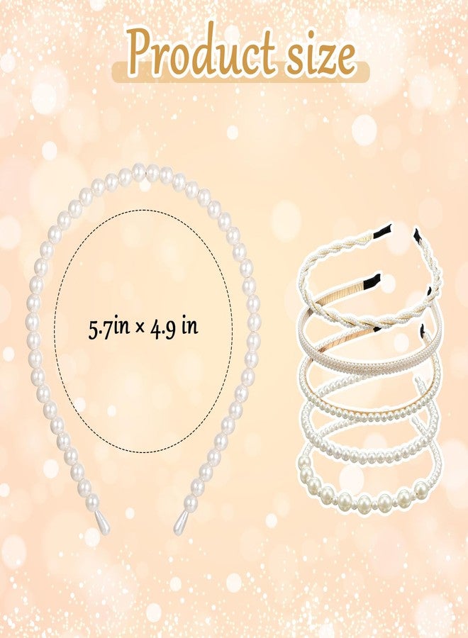 YBEATY 5 Pcs White Pearl Hairbands Pearl Headbands Bridal Hair Hoops Party Wedding Hair Accessories Bling Faux Sparkly Beaded Metal Head Bands Retro for Women Girls Birthday No Slip - Image 2