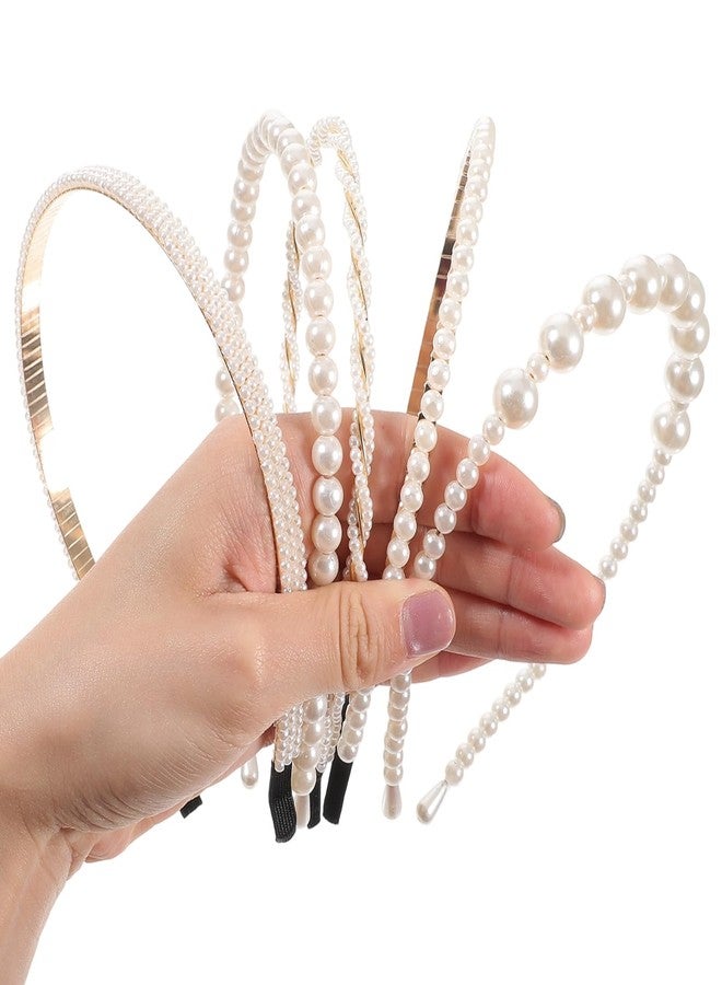 YBEATY 5 Pcs White Pearl Hairbands Pearl Headbands Bridal Hair Hoops Party Wedding Hair Accessories Bling Faux Sparkly Beaded Metal Head Bands Retro for Women Girls Birthday No Slip - Image 1