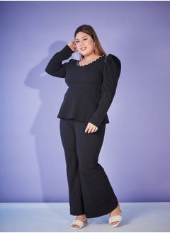 SASSAFRAS Embellished Peplum Top & Bell Bottom Pants Co-Ords  - Image 3