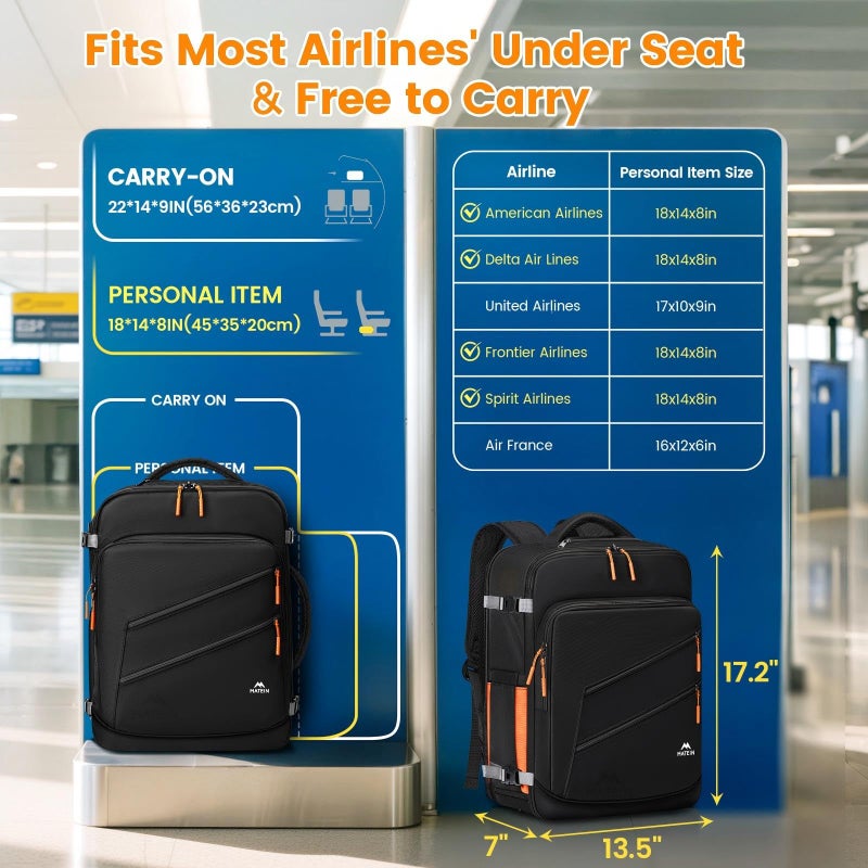 MATEIN Personal Item Backpack 18x14x8 with Shoe Compartment Detachable, Airline Approved Carry On Backpack for Travel with Electronics Case, Lightweight Luggage Bag for Spirit Airlines Fits 17" Laptop - Image 2