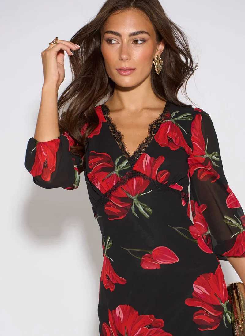 Gini London  Black Base Red Bloom Lace Trim Midi Dress for Women | Best Price UAE