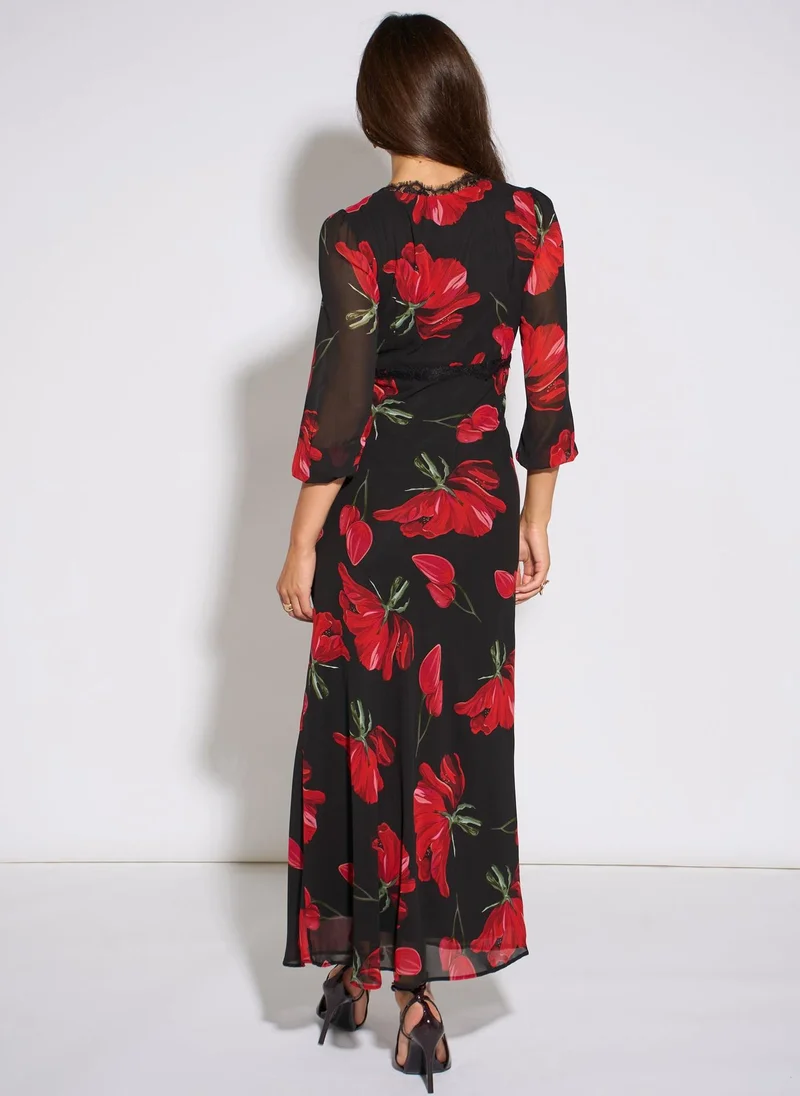 Gini London  Black Base Red Bloom Lace Trim Midi Dress for Women | Best Price UAE