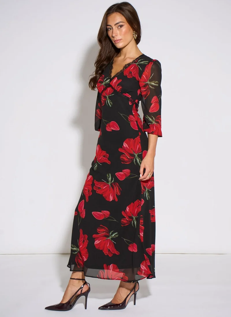 Gini London  Black Base Red Bloom Lace Trim Midi Dress for Women | Best Price UAE