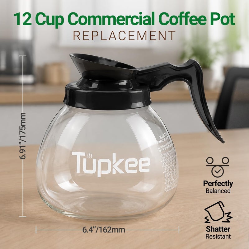 Tupkee بديل لإبريق القهوة التجاري – كأس زجاجي مقاوم للكسر مخصص للمطاعم، سعة 64 أونصة، 12 كوب، مقبض أسود/النموذج العادي، متوافق مع إبريقي Wilbur Curtis وBloomfield وBunn للقهوة - Image 3