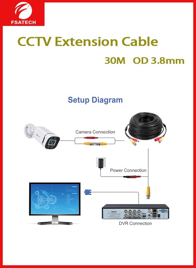 FSATECH 30m BNC Cable All-in-One Combo Video and Power Security Camera Cable Extension Wire Cord with 2 Connectors for All Max 5MP HD CCTV DVR Surveillance System ,outer diameter 3.8mm, 30M - Image 3