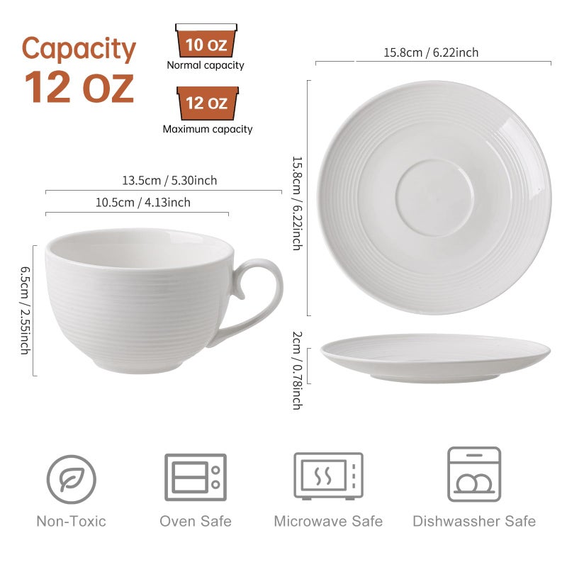 Feenmai 12 oz Cappuccino Cups with Saucers, Ceramic Espresso Coffee Cups Set of 4, White Latte Cup and Saucer, Elegant Tea Mugs Set, Microwave Dishwasher Safe Drinkware for Cafe, Housewarming Gift - Image 3