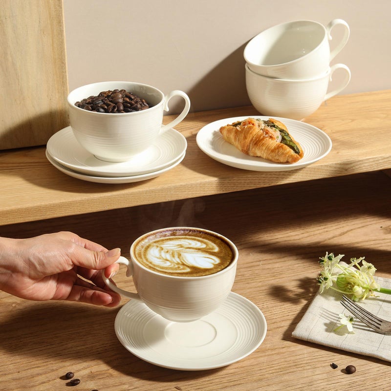 Feenmai 12 oz Cappuccino Cups with Saucers, Ceramic Espresso Coffee Cups Set of 4, White Latte Cup and Saucer, Elegant Tea Mugs Set, Microwave Dishwasher Safe Drinkware for Cafe, Housewarming Gift - Image 2