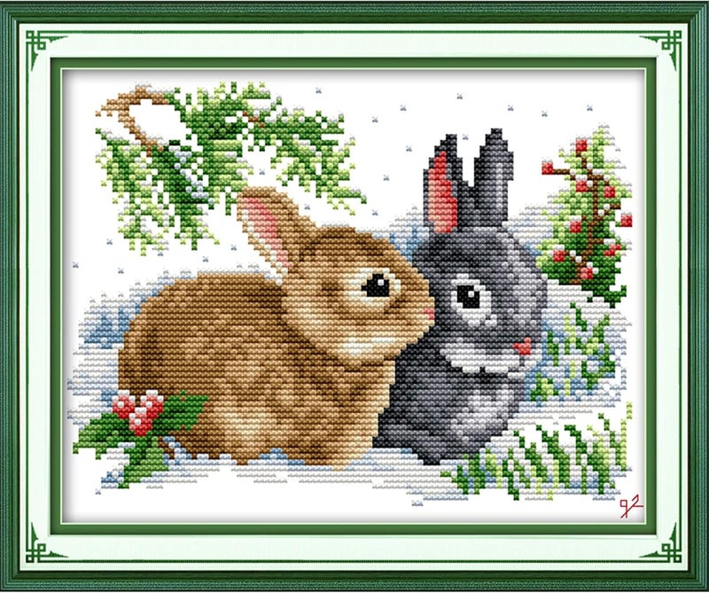 ITSTITCH Stamped Cross Stitch Kits for Beginners Full Range of Cross Stitching Preprinted Pattern for Adults, DIY Needlepoint Starter Kits (Lucky Rabbits 13x9.5 inch) - Image 1
