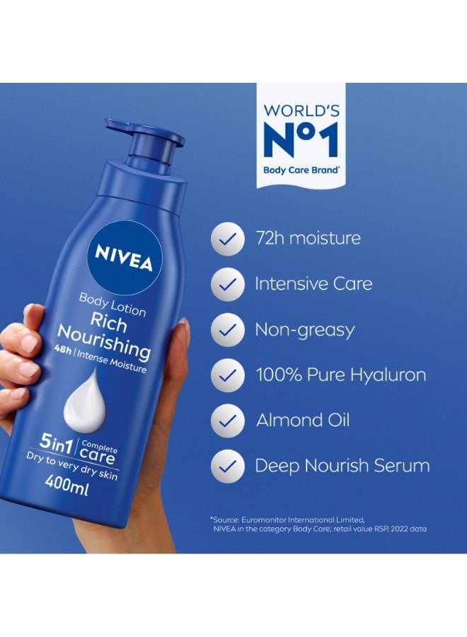 NIVEA Body Milk Lotion for Dry to Very Dry Skin, Rich Nourishing, 5in1 Complete Care, 48H Intense Moisture, 400ml - Image 2