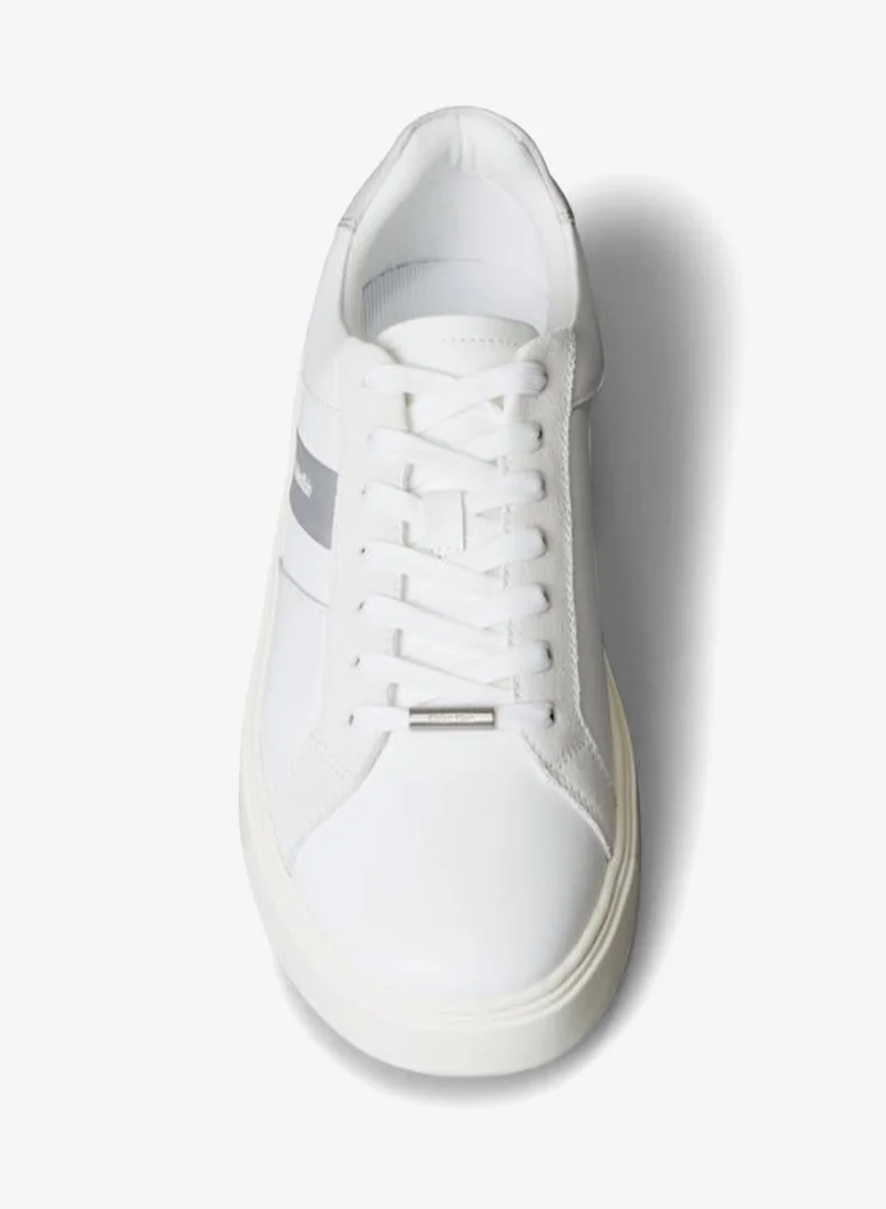 CALVIN KLEIN Bright White/Marshmallow/Oyster Leather Logo Tape Trainers for Men | Best Price UAE