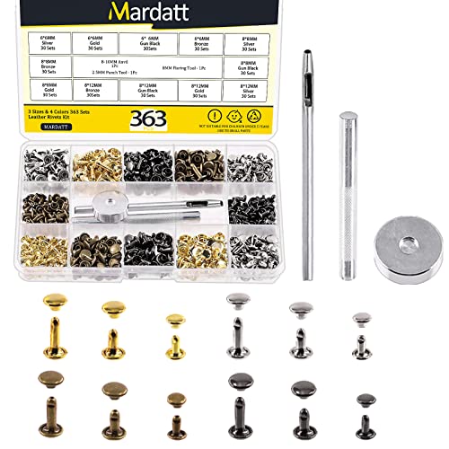 Mardatt 360 Sets Double Cap Rivets with Setting Tool Kit, 4 Colors 3 Sizes Leather Rivets Double Cap Rivet Tubular Metal Studs for DIY Leather Craft Repair and Decoration - Image 1