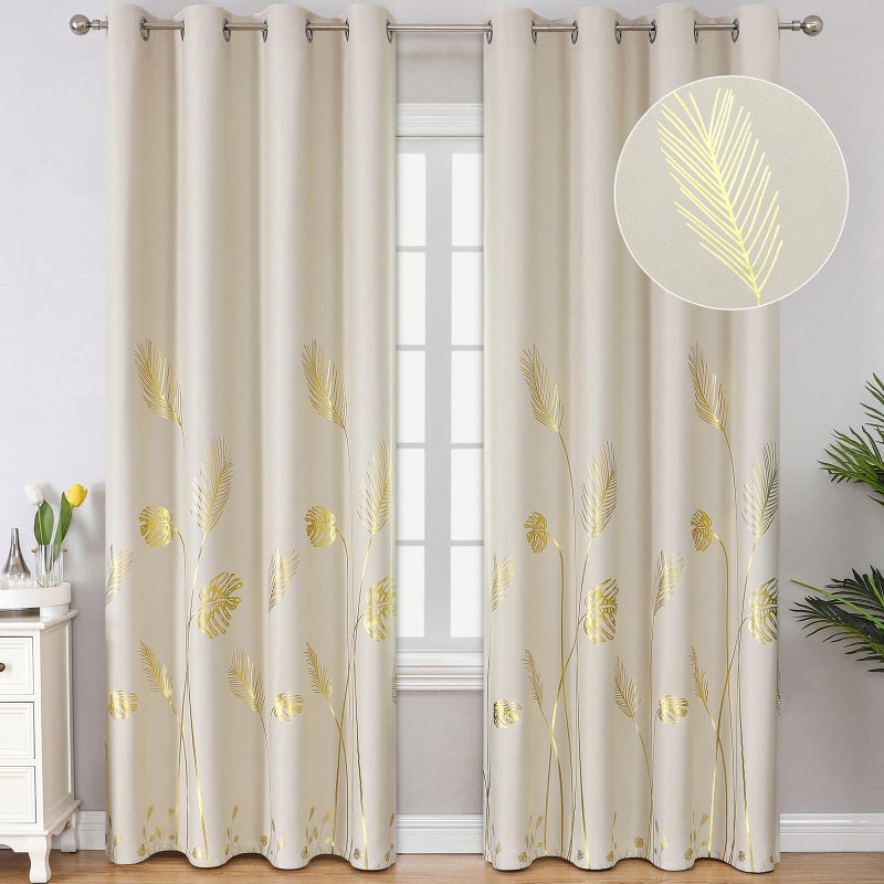 Estelar Textiler Room Darkening Curtains Window Curtains 84 Inches Long Thermal Insulated Grommet Light Blocking Drapes with Gold Leaf for Living Room 52Wx84L Cream Beige 2 Panels