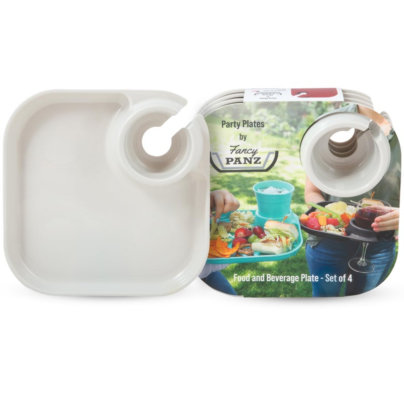 Fancy Panz مجموعة أطباق حفلات بيضاء من فانسي بانز، 4 قطع، مع حامل أكواب - أطباق قابلة لإعادة الاستخدام للحفلات - صنع في الولايات المتحدة الأمريكية، طبق بلاستيكي مع حامل أكواب مدمج - أساسيات الضيافة وأطباق المقبلات - Image 1