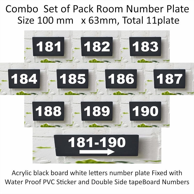 RL Digital Units Number Plate 181-190 , Combo pack 11 Number Plate Room, Hotel, Hospital, Lodge,Apartment, Flat,Door No,College, Library, Rack Numbers Warehouse,, Acrylic black board with white letters number plate fixed with water proof pvc sticker and strong double side tape - Image 2