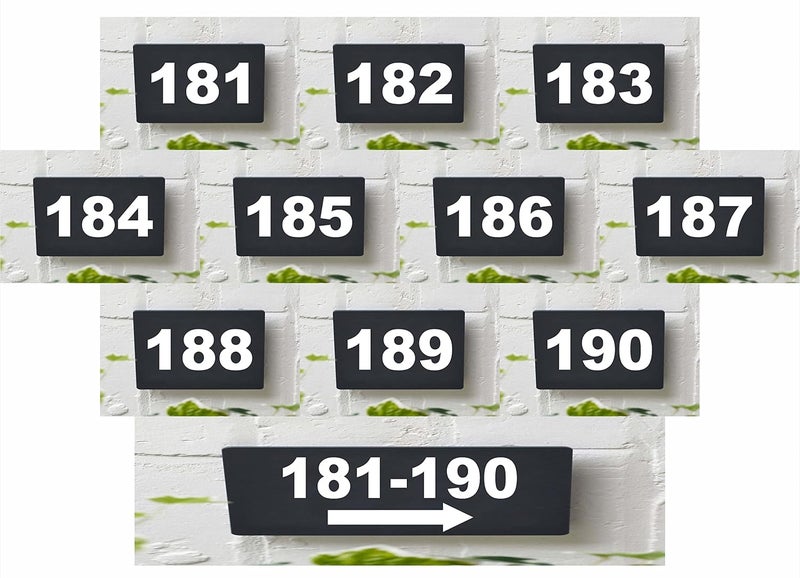 RL Digital Units Number Plate 181-190 , Combo pack 11 Number Plate Room, Hotel, Hospital, Lodge,Apartment, Flat,Door No,College, Library, Rack Numbers Warehouse,, Acrylic black board with white letters number plate fixed with water proof pvc sticker and strong double side tape - Image 1