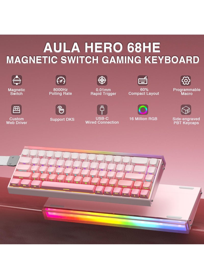 AULA HERO 68 HE 60% Wired Gaming Keyboard, Hall Effect Magnetic Switch Keyboard with Adjustable Actuation, Rapid Trigger Mode, 8K Hz Polling Rate, 0.125ms Latency,RGB Backlit, Side Printed PBT Keycaps  - Image 2