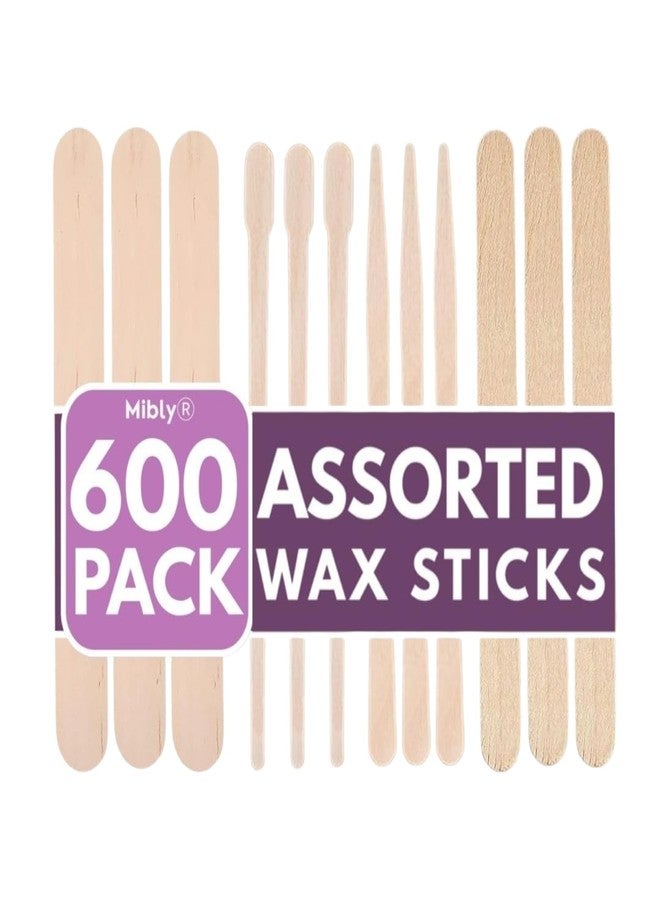 Mibly 4 Style 600 Pcs Assorted Wooden Wax Sticks for Body Legs Face Small Medium Large Sizes Eyebrow Waxing Applicator Spatulas for Hair Removal or Wood Popsicle Craft Sticks (Mix Sticks Pack of 600) - Image 1