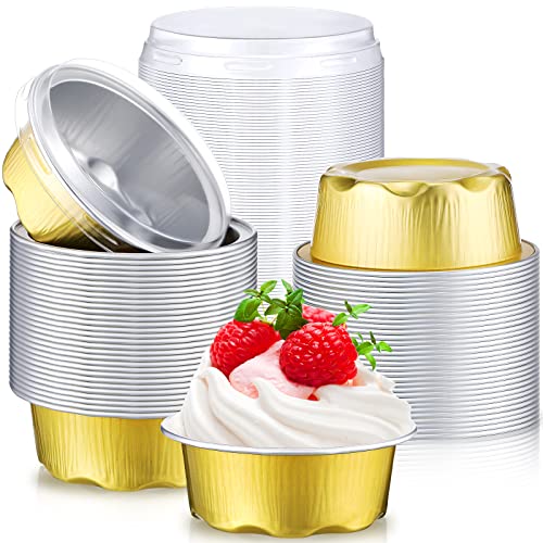Eaasty 150 Count Baking Cups with Lids 16 oz Muffin Cupcake Liners Aluminum Foil Mini Cake Pans Small Disposable Ramekins Flan Containers with Lids for Christmas Birthday Various HolidayGold