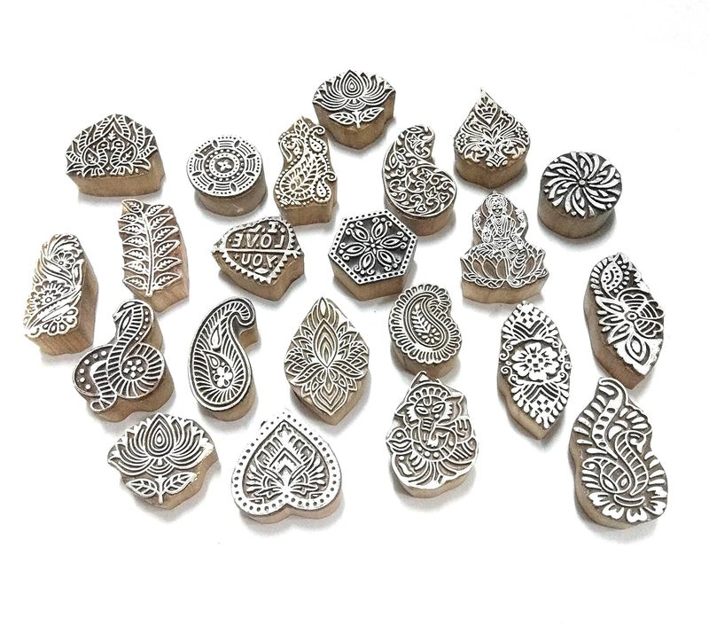 Arham Mktg Traditional Indian Design Wooden Printing Stamp for Saree Border Paper Dresses Printing Designing Set of 10